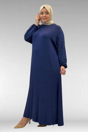 52021 Büyük Beden Çimalı Taş Detaylı Penye Elbise - İndigo - (1)