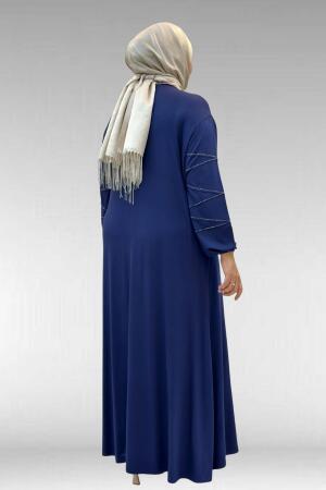 52021 Büyük Beden Çimalı Taş Detaylı Penye Elbise - İndigo - 3