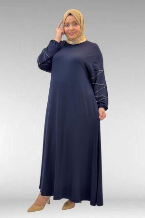 52021 Büyük Beden Çimalı Taş Detaylı Penye Elbise - Lacivert - 