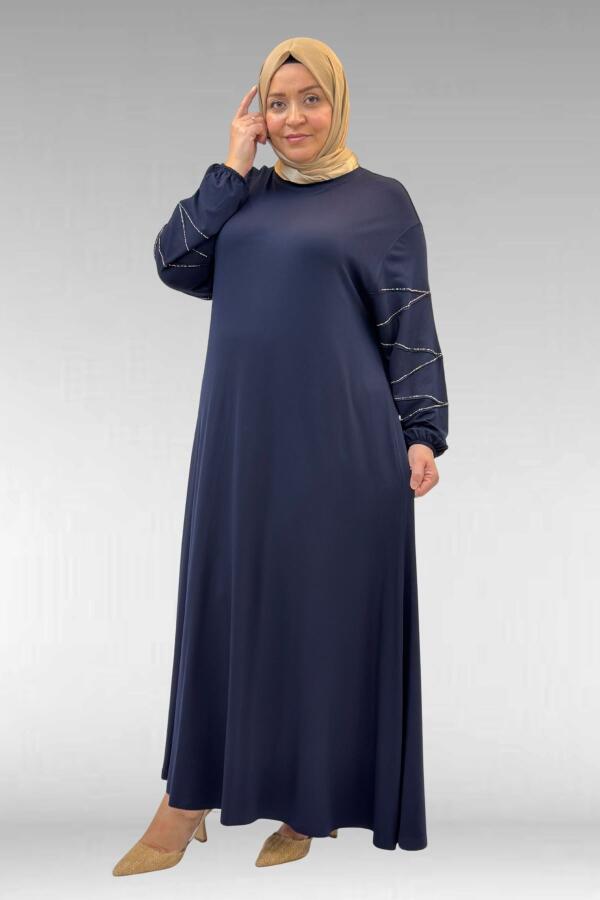 52021 Büyük Beden Çimalı Taş Detaylı Penye Elbise - Lacivert - 1