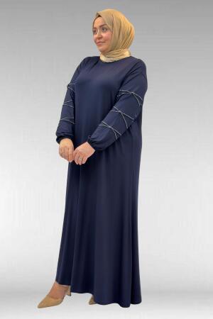 52021 Büyük Beden Çimalı Taş Detaylı Penye Elbise - Lacivert - (1)
