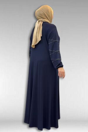 52021 Büyük Beden Çimalı Taş Detaylı Penye Elbise - Lacivert - 3