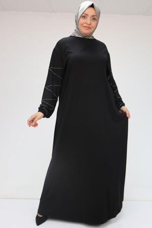 52021 Büyük Beden Çimalı Taş Detaylı Penye Elbise - Siyah - 