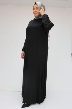 52021 Büyük Beden Çimalı Taş Detaylı Penye Elbise - Siyah - (1)