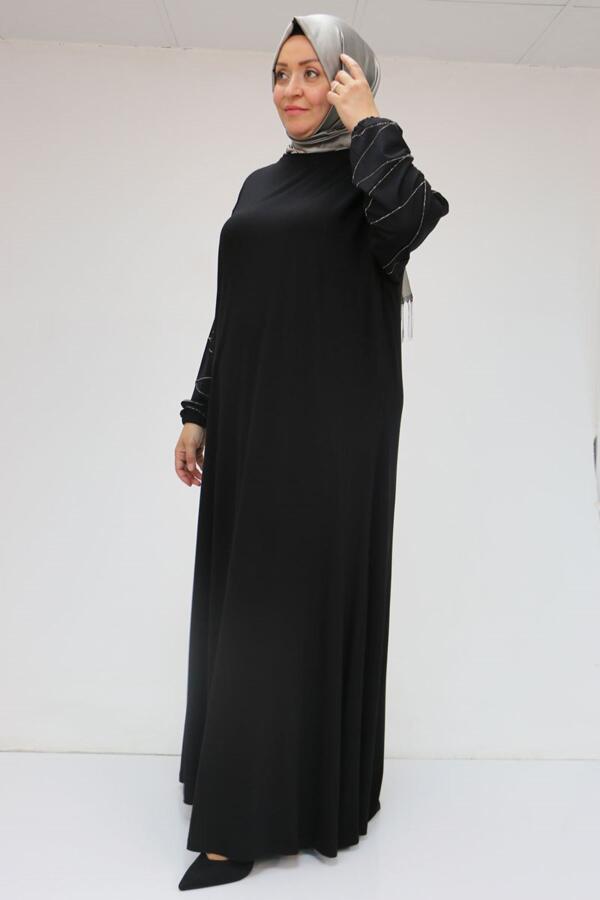 52021 Büyük Beden Çimalı Taş Detaylı Penye Elbise - Siyah - 2