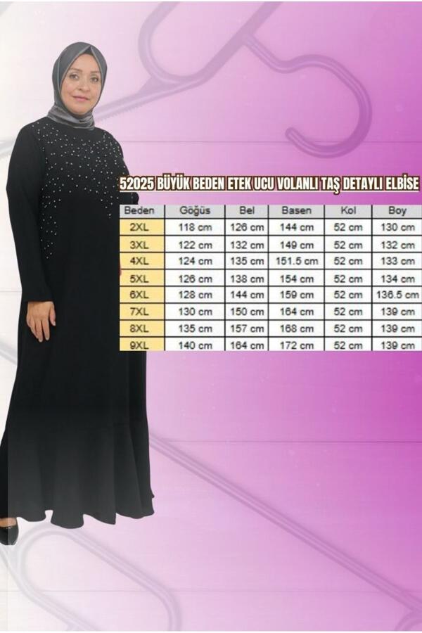 52025 Büyük Beden Etek Ucu Volanlı Taş Detaylı Elbise - Taba - 2