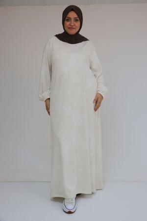 52030 Büyük Beden Kolu Lastikli Modal Elbise - Batik Ekru - 