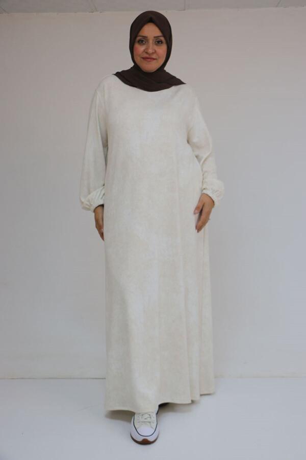 52030 Büyük Beden Kolu Lastikli Modal Elbise - Batik Ekru - 1