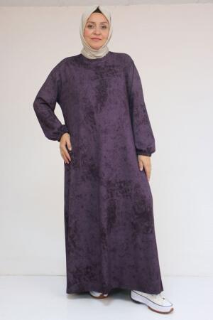 52030 Büyük Beden Kolu Lastikli Modal Elbise - Batik Mürdüm - 