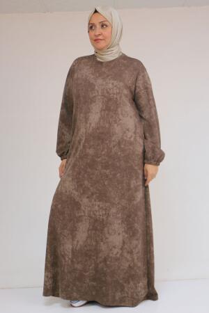 52030 Büyük Beden Kolu Lastikli Modal Elbise - Batik Vizon - 