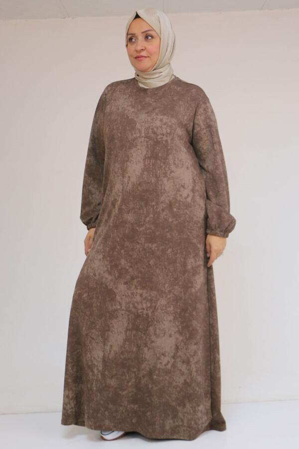 52030 Büyük Beden Kolu Lastikli Modal Elbise - Batik Vizon - 1