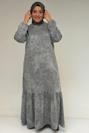 52032 Büyük Beden Eteği Fırfırlı Batik Modal Elbise - Batik Gri - 