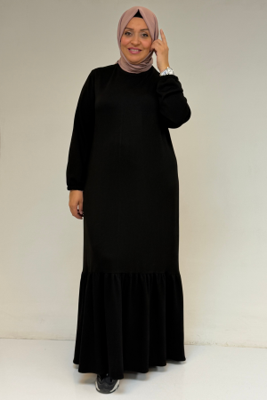 52033 Büyük Beden Eteği Fırfırlı Modal Elbise - Siyah - 