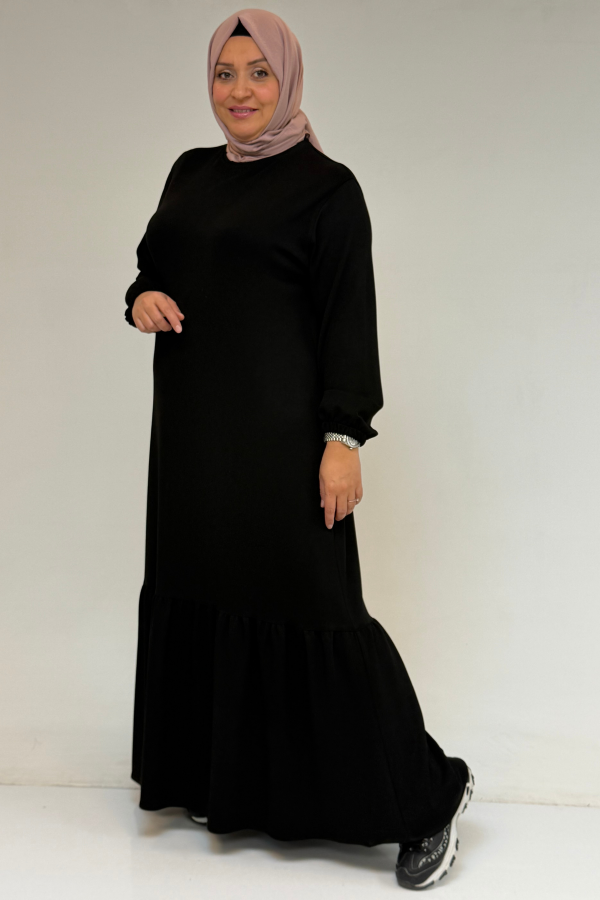 52033 Büyük Beden Eteği Fırfırlı Modal Elbise - Siyah - 2