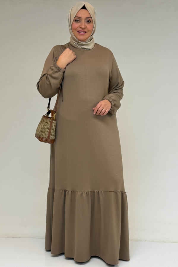 52033 Büyük Beden Eteği Fırfırlı Modal Elbise - Vizon - 1