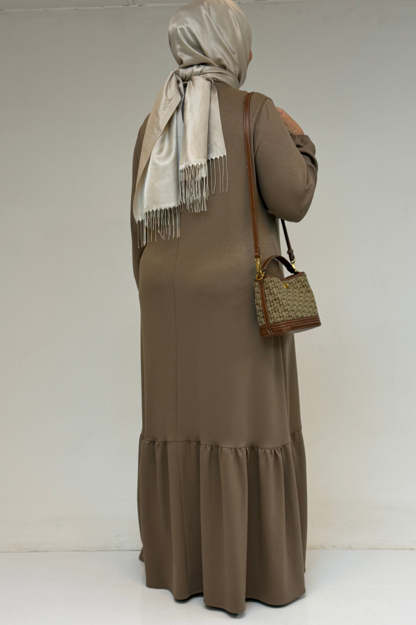 52033 Büyük Beden Eteği Fırfırlı Modal Elbise - Vizon - 3