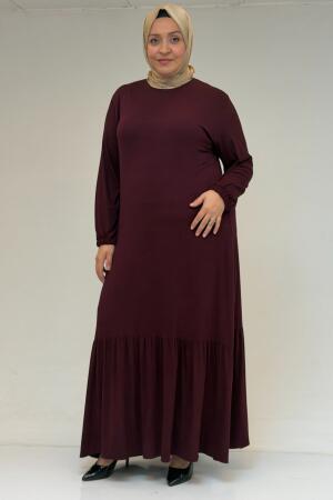 52034 Büyük Beden Eteği Fırfrılı Penye Elbise - Bordo - 