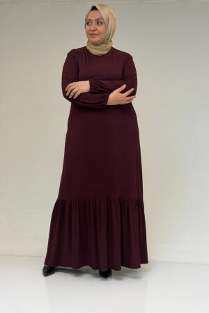 52034 Büyük Beden Eteği Fırfrılı Penye Elbise - Bordo - 3