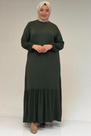 52034 Büyük Beden Eteği Fırfrılı Penye Elbise - Haki - 