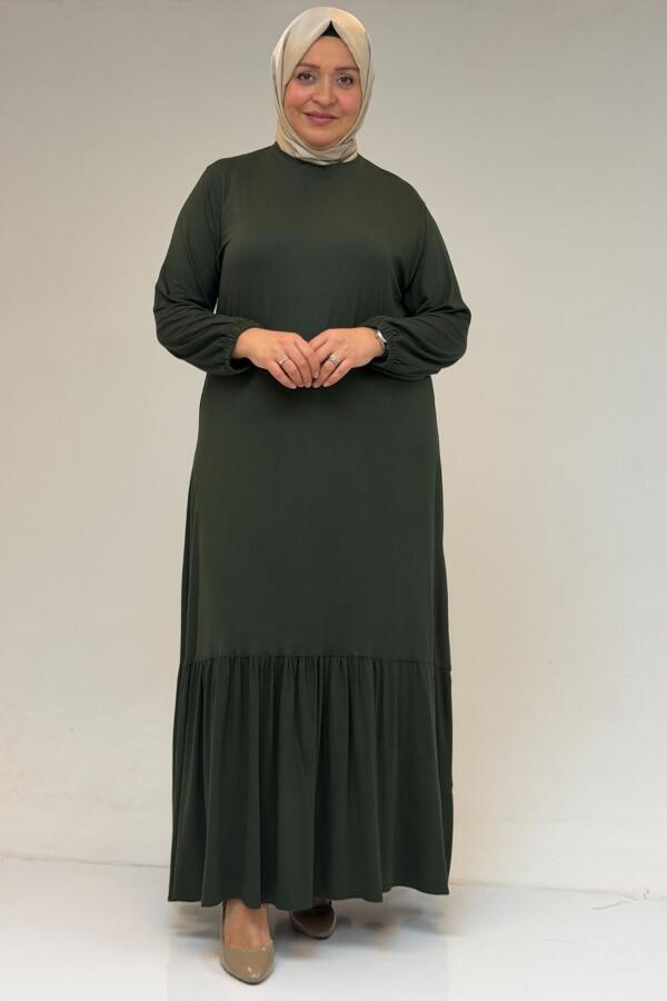 52034 Büyük Beden Eteği Fırfrılı Penye Elbise - Haki - 1