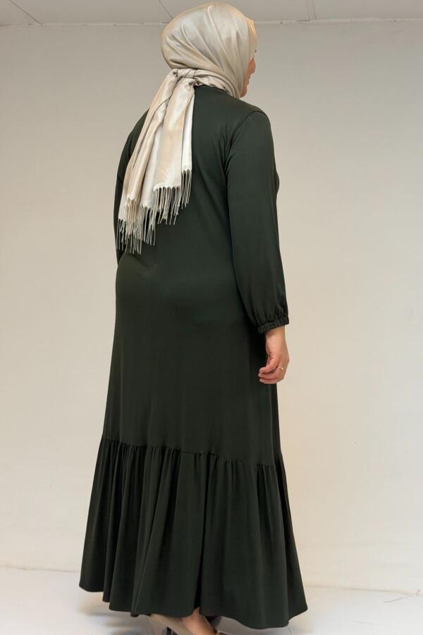 52034 Büyük Beden Eteği Fırfrılı Penye Elbise - Haki - 3