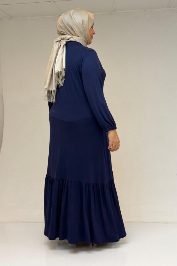 52034 Büyük Beden Eteği Fırfrılı Penye Elbise - İndigo - 3