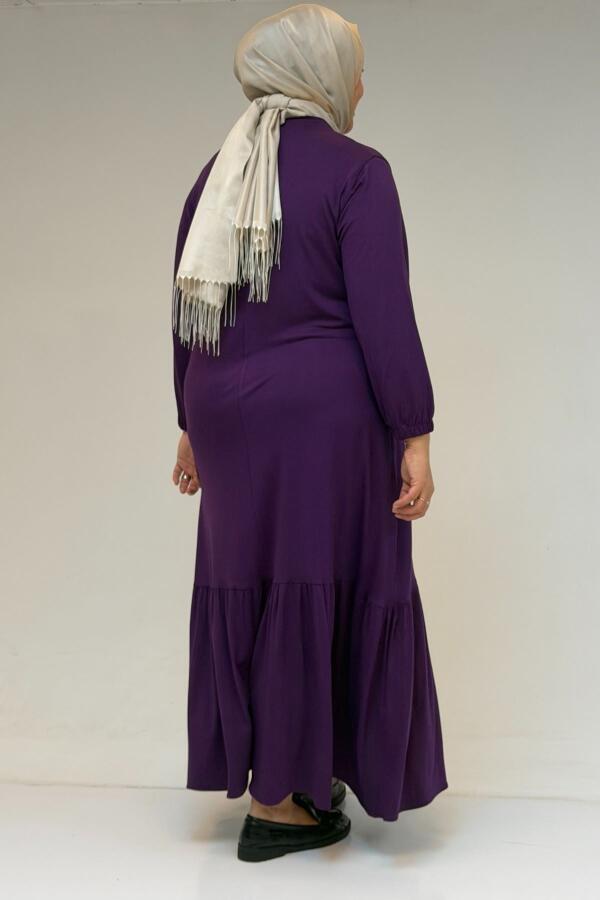 52034 Büyük Beden Eteği Fırfrılı Penye Elbise - Mor - 3