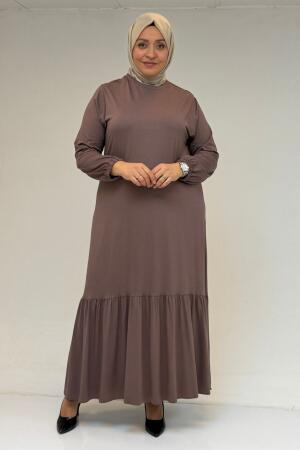 52034 Büyük Beden Eteği Fırfrılı Penye Elbise - Vizon - 