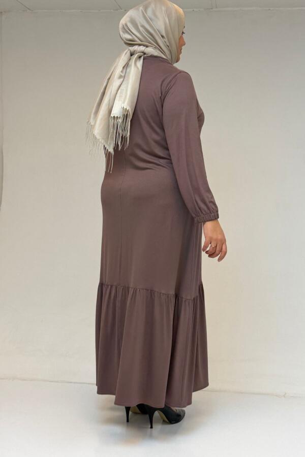 52034 Büyük Beden Eteği Fırfrılı Penye Elbise - Vizon - 3