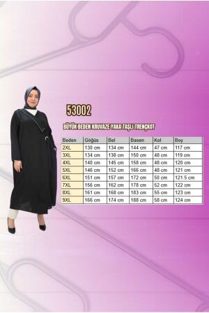 53002 Büyük Beden Kruvaze Yaka -Yaka Taşlı Trençkot - Siyah - 2