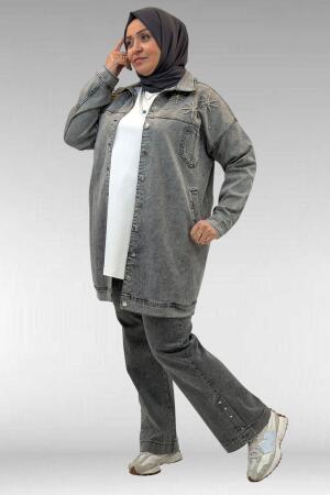 53022 Büyük Beden Yıldız İnci Çakma Detaylı Kot Ceket - Antrasit - 