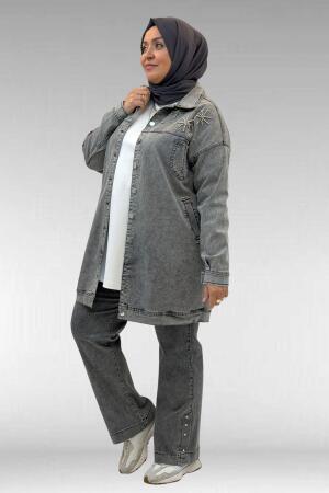 53022 Büyük Beden Yıldız İnci Çakma Detaylı Kot Ceket - Antrasit - 3
