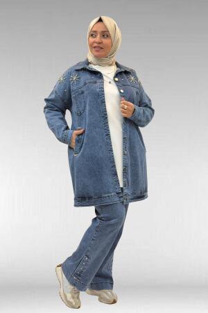53022 Büyük Beden Yıldız İnci Çakma Detaylı Kot Ceket - Mavi - 