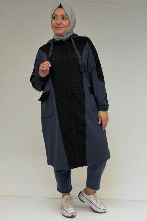 53030 Büyük Beden Kapşonlu Cepli Kapitone-Modal Kap - Siyah-Antrasit - 