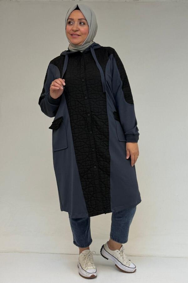 53030 Büyük Beden Kapşonlu Cepli Kapitone-Modal Kap - Siyah-Antrasit - 1