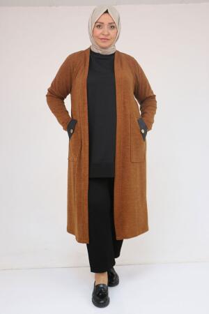 53035 Büyük Beden Cep Detaylı Mir Ceket - Taba - 