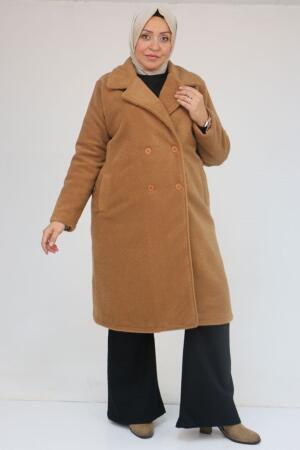 53037 Büyük Beden Mostralı Erkek Yaka Şanel Kaban - Taba - 