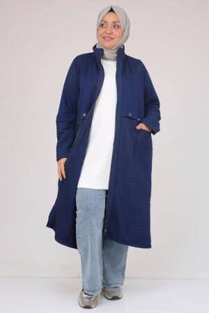 53039 Büyük Beden Kapitone - Modal Kombinli Trençkot - İndigo - 