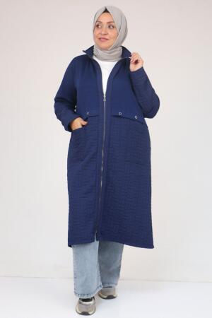 53039 Büyük Beden Kapitone - Modal Kombinli Trençkot - İndigo - (1)