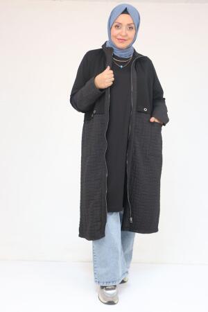 53039 Büyük Beden Kapitone - Modal Kombinli Trençkot - Siyah - 