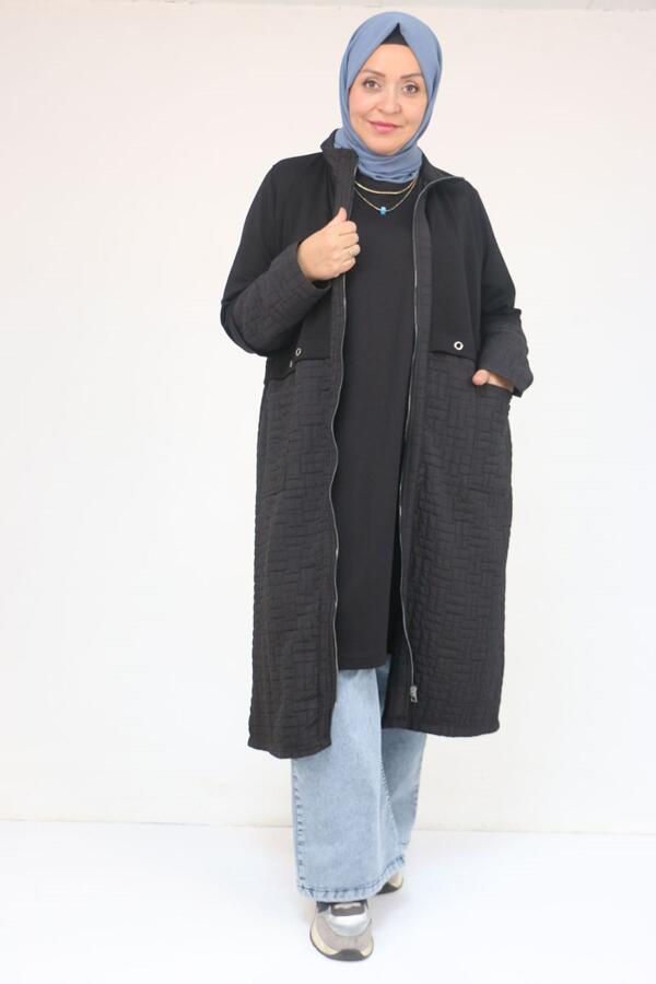 53039 Büyük Beden Kapitone - Modal Kombinli Trençkot - Siyah - 1