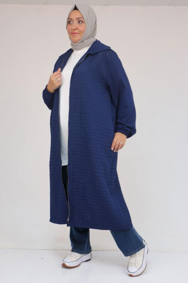 53042 Büyük Beden Kolları Lastikli Modal-Kapitone Kap - İndigo - 1