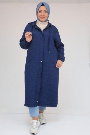 53043 Büyük Beden Yakalı Modal-Kapitone Kap - İndigo - 