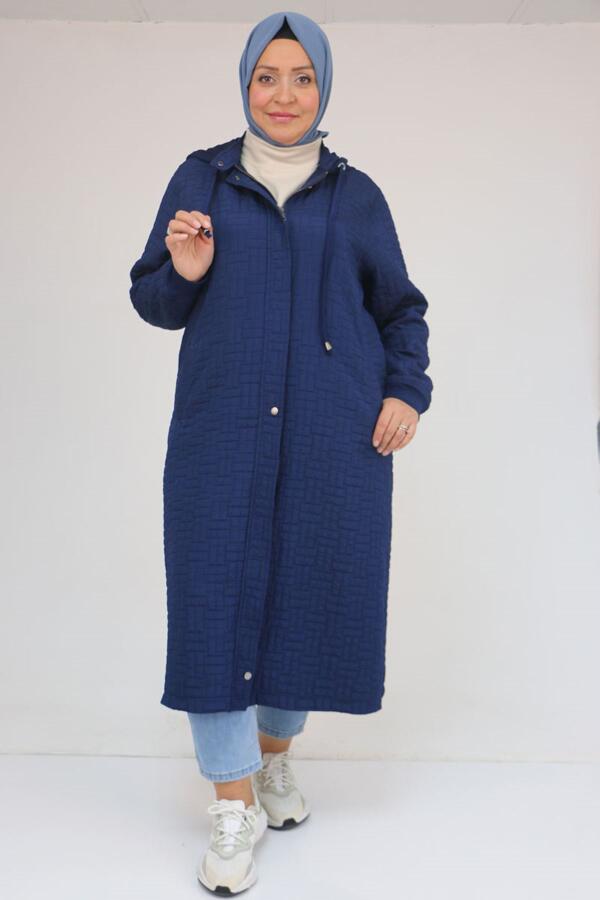 53043 Büyük Beden Yakalı Modal-Kapitone Kap - İndigo - 1