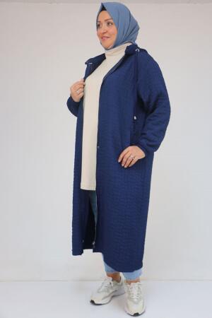 53043 Büyük Beden Yakalı Modal-Kapitone Kap - İndigo - (1)