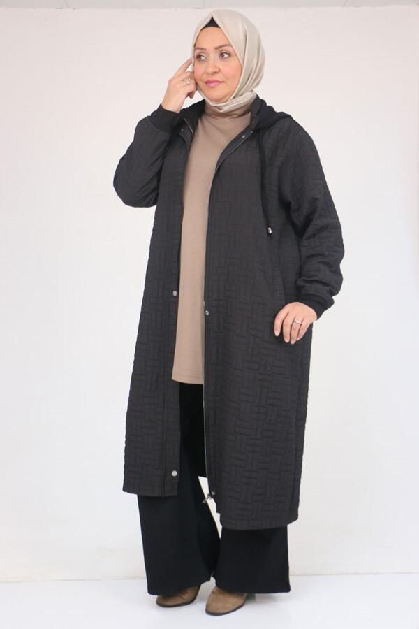 53043 Büyük Beden Yakalı Modal-Kapitone Kap - Siyah - 1