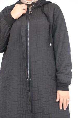 53043 Büyük Beden Yakalı Modal-Kapitone Kap - Siyah - (1)