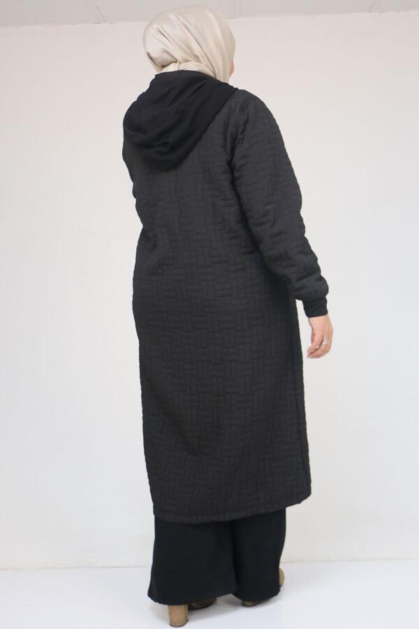 53043 Büyük Beden Yakalı Modal-Kapitone Kap - Siyah - 3