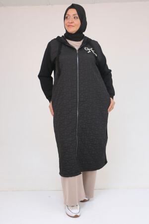 53045 Büyük Beden Kolları Lastikli Modal-Kapitone Kap - Siyah - (1)