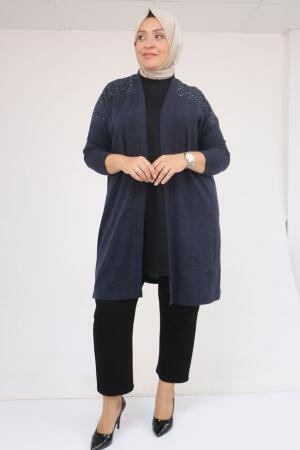 53047 Büyük Beden Omzu Taş Detaylı Mir Ceket - Lacivert - 